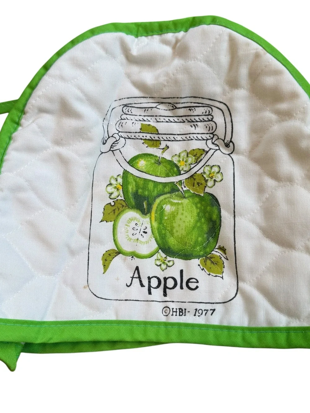Vintage 1977 Half Apron And Appliance Cover Green White Gingham Apples Quilted